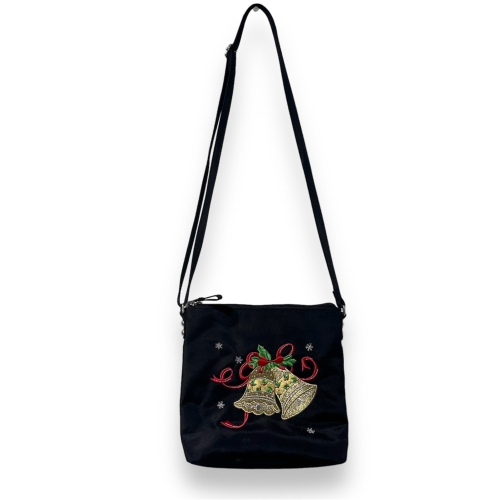 Vintage Kim Rogers Black Nylon Christmas Bells Embroidered Purse Holiday